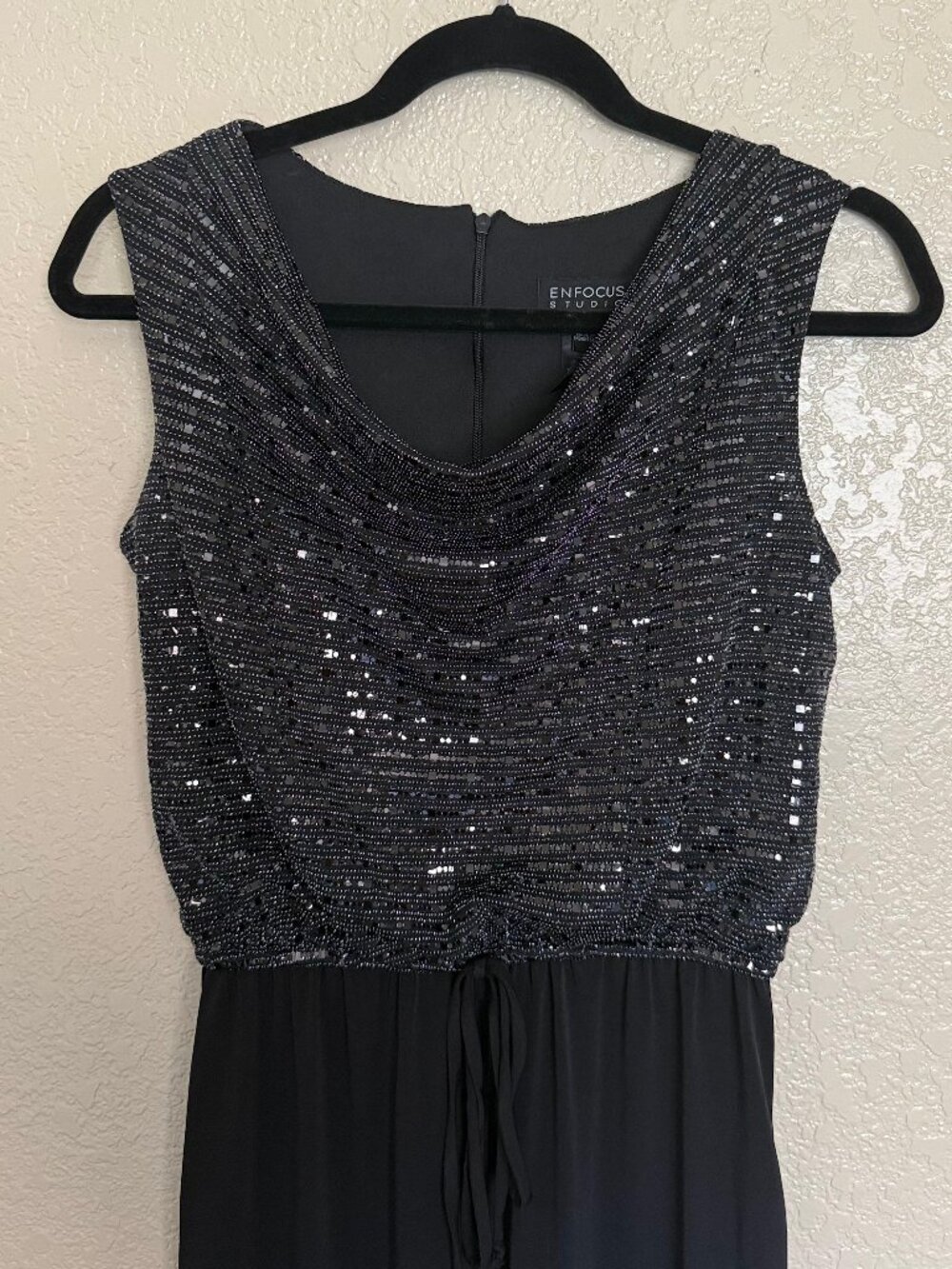 Black Sequin Top Drape Neck Side Pockets Jumpsuit Size 6